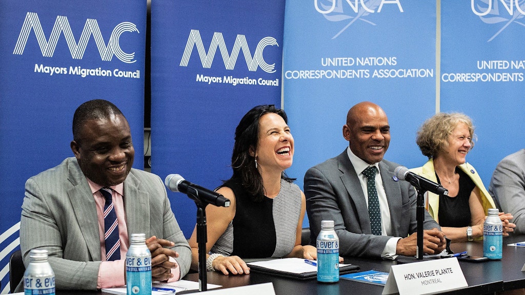 Mayors during a Mayors Migration Council press conference at the UN in New York