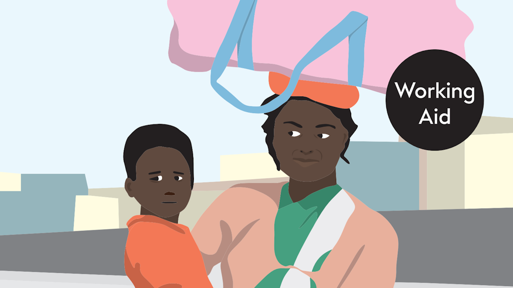 illustration of a woman of color, carrying a child in her arms and a bag on her head 