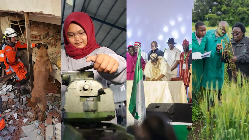 Four scenes from different cooperation activities, such as humanitarian aid, economic development, political stability and food security.